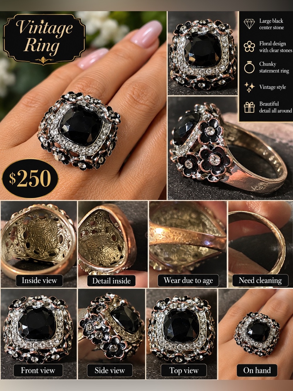 Vintage Black and Silver tone Statement Ring-needs cleaning